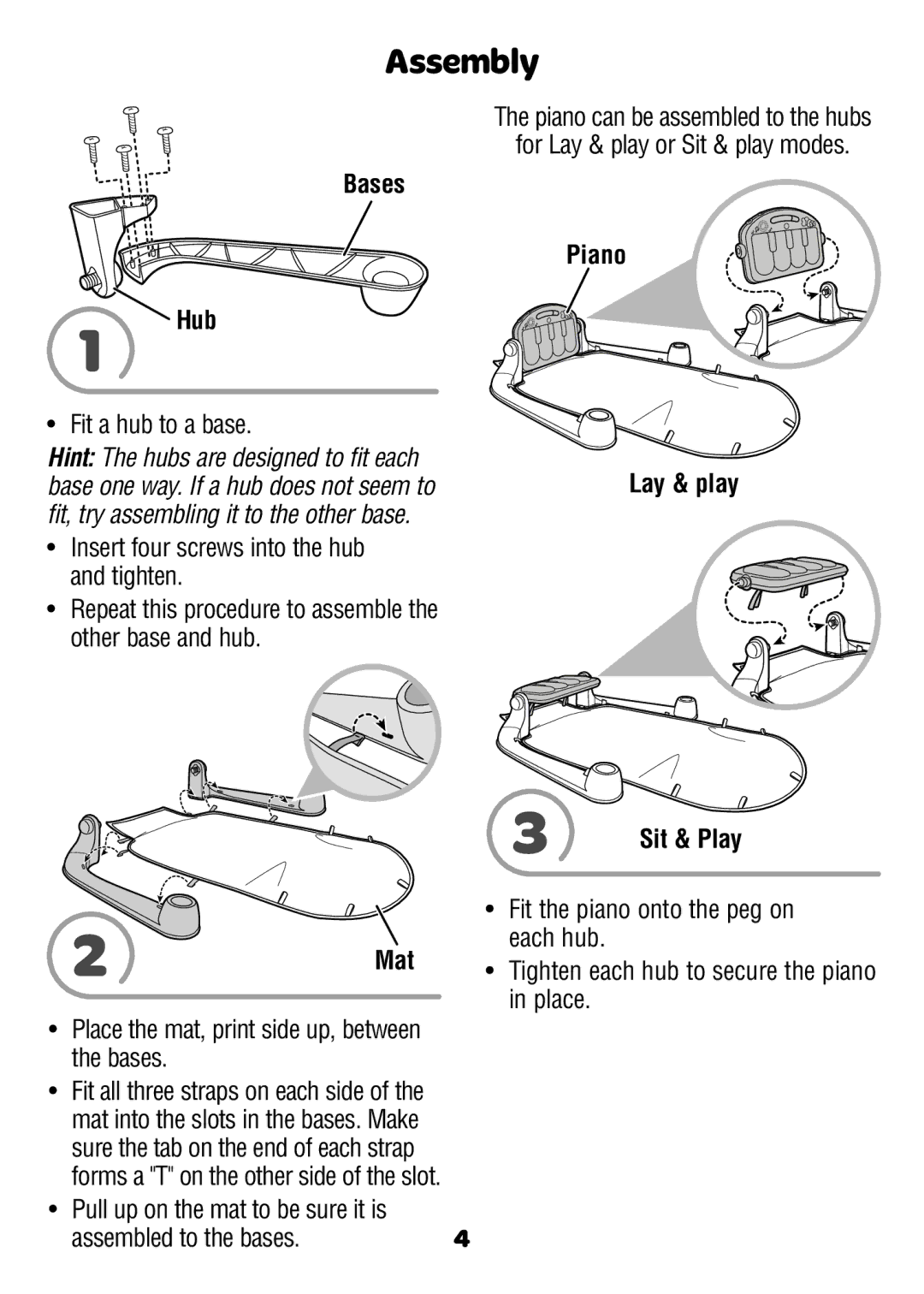 Fisher-Price BMH49 instruction sheet Assembly, Bases Hub, Lay & play Sit & Play Mat 