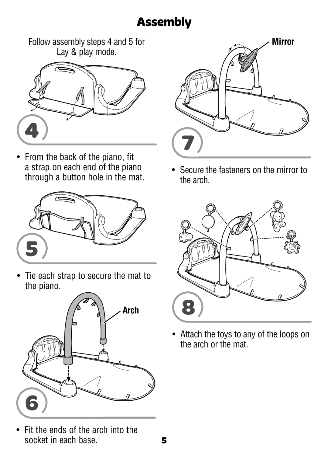 Fisher-Price BMH49 Follow assembly steps 4 and 5 for Lay & play mode, Tie each strap to secure the mat to the piano 