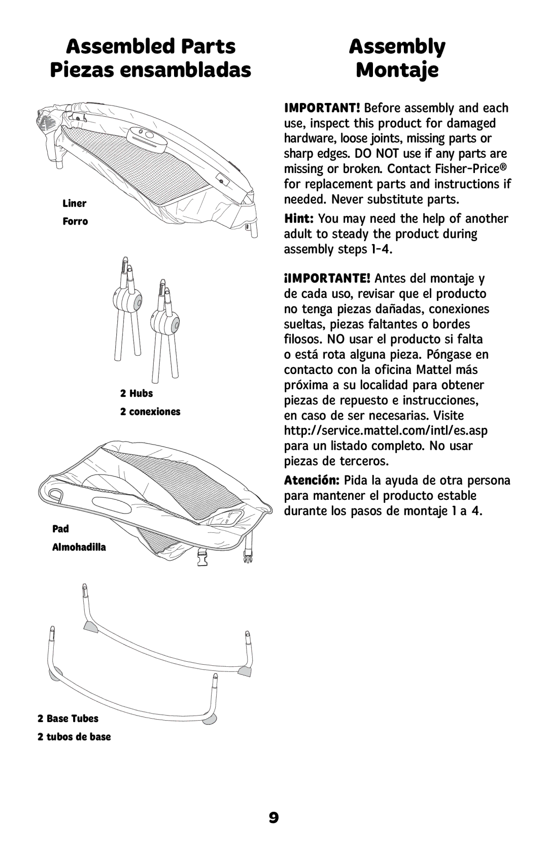 Fisher-Price BHV58, BMM97, BMM25, BHV55, BHL58, BGB05, BCT91, BMC93, BGB04 Assembled Parts Piezas ensambladas, Assembly Montaje 