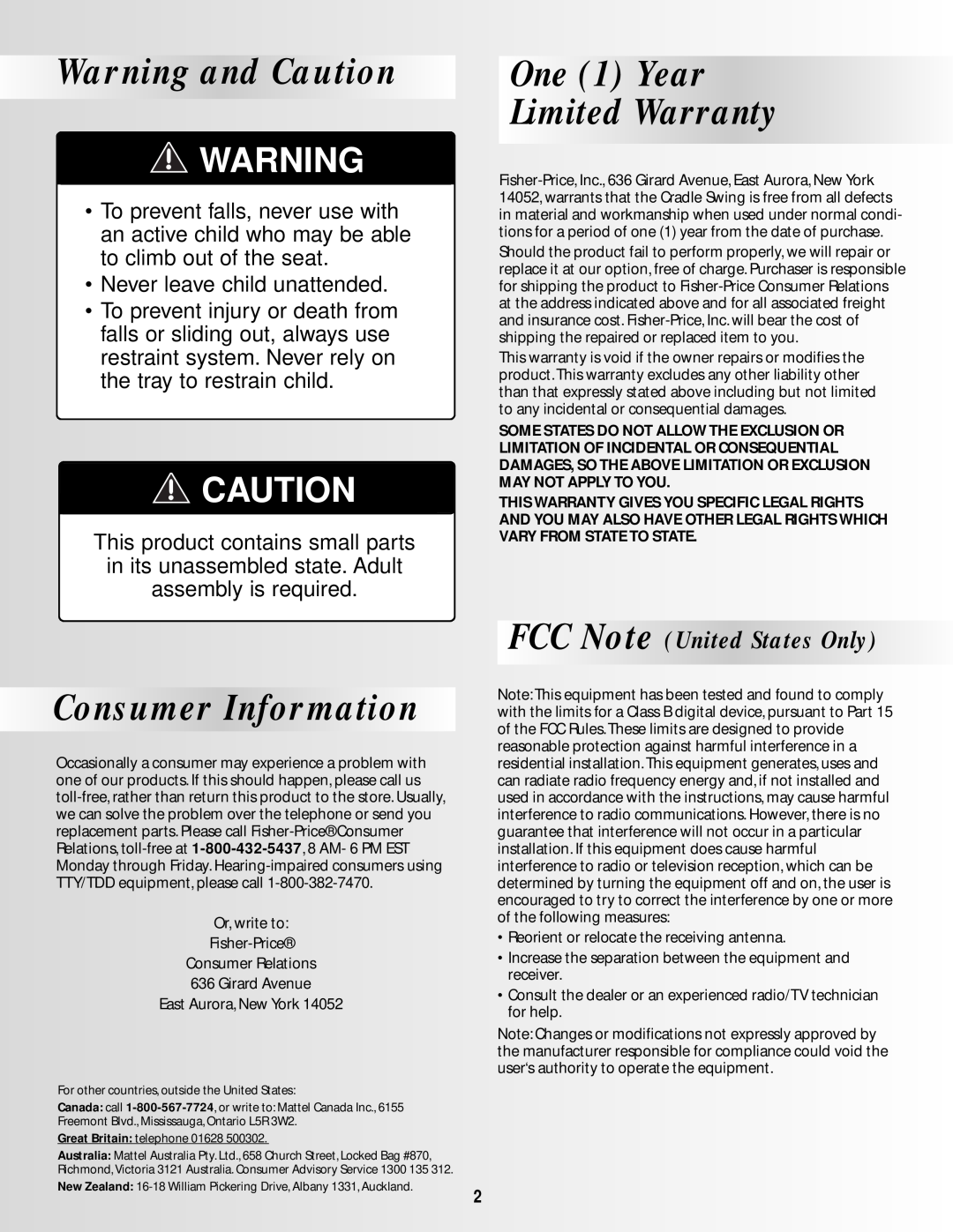 Fisher-Price BO639 Warning and Caution, One 1 Year Limited Warranty, ConsumerInformation, FCC Note United States Only 