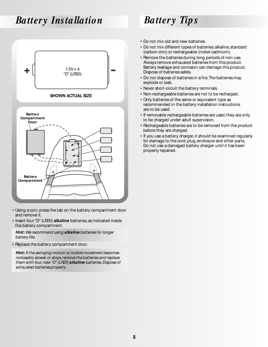 Fisher-Price BO639 instruction sheet Battery Installation, Battery Tips, Shown Actual Size 