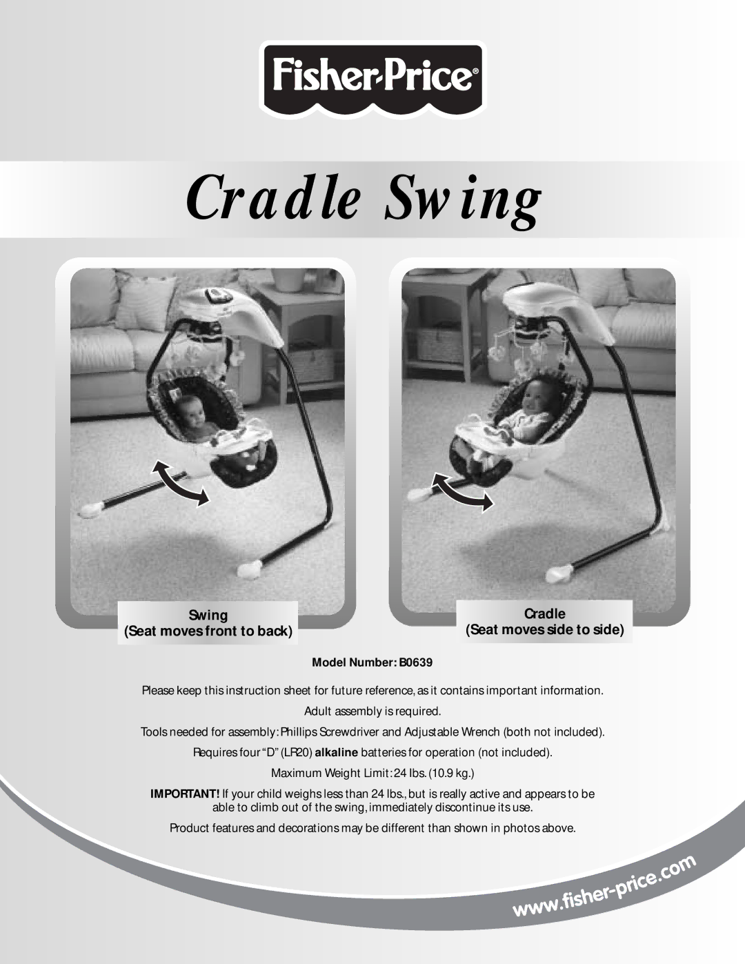 Fisher-Price BO639 instruction sheet Cradle Swing 