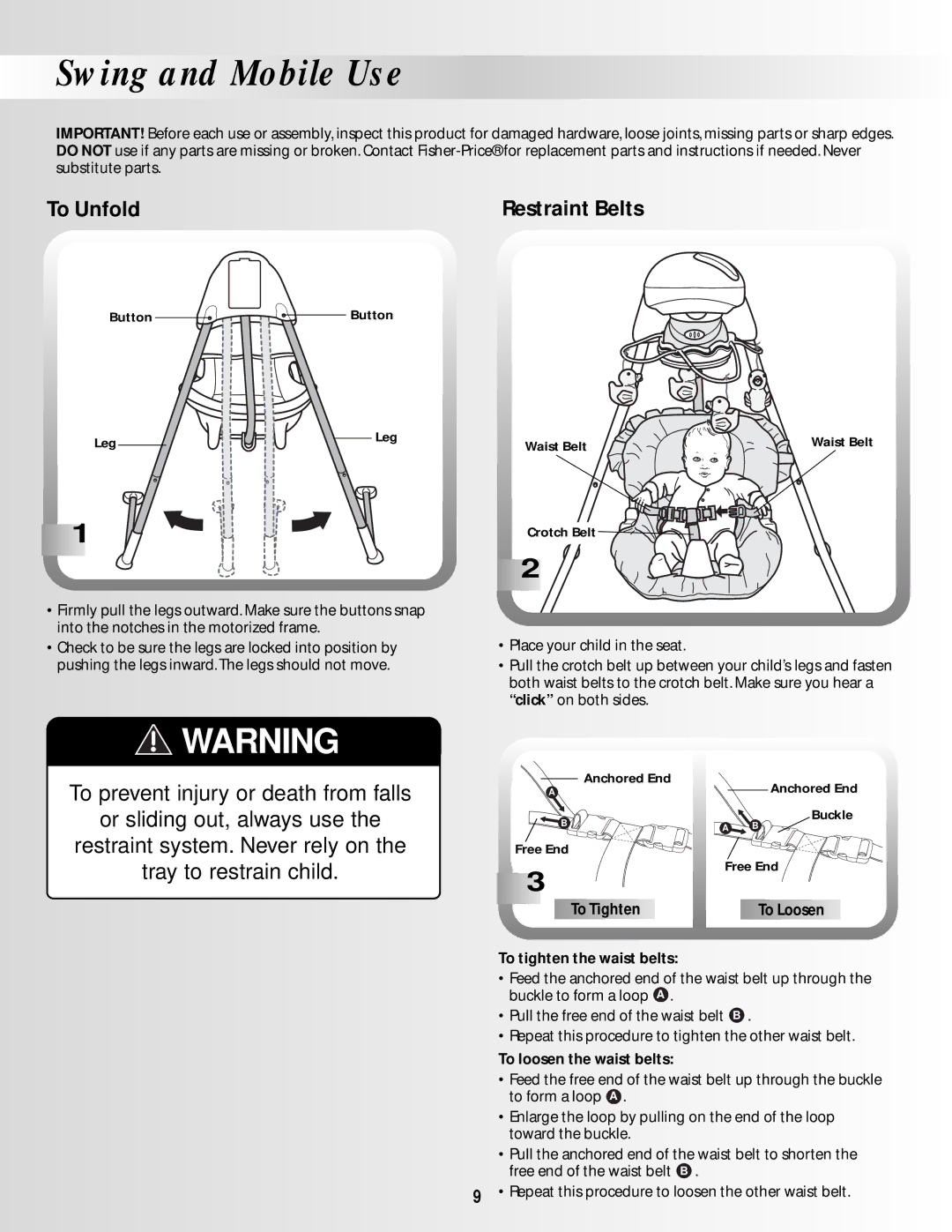 Fisher-Price BO639 instruction sheet Swing and Mobile Use, To Unfold Restraint Belts 