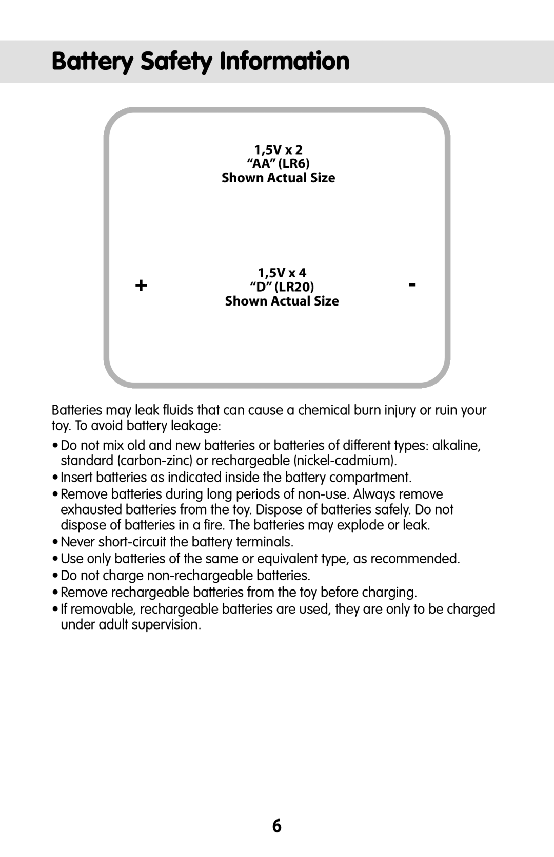 Fisher-Price C0108 instruction sheet Battery Safety Information, 5V x AA LR6 Shown Actual Size 