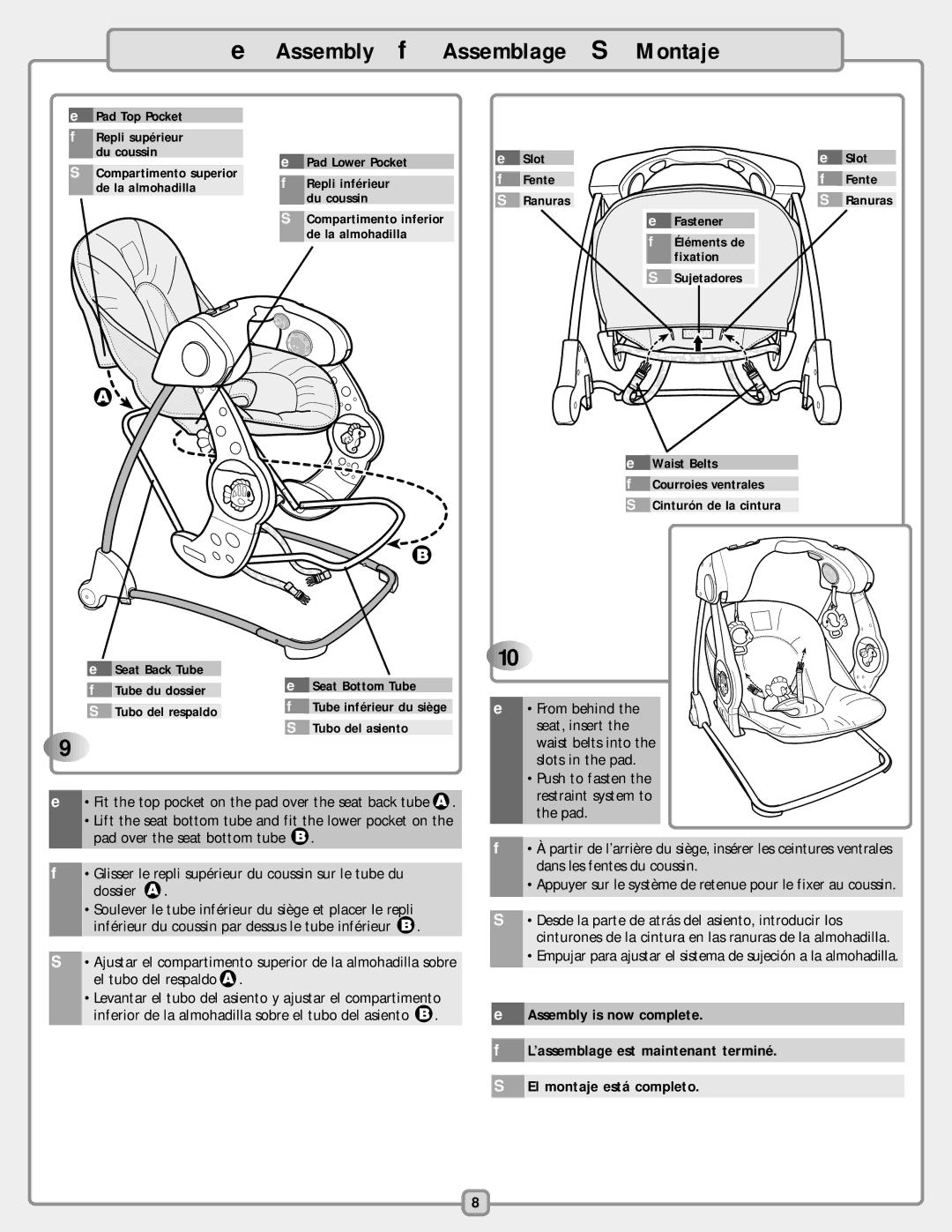 Fisher-Price C1384 manual Empujar para ajustar el sistema de sujeción a la almohadilla 