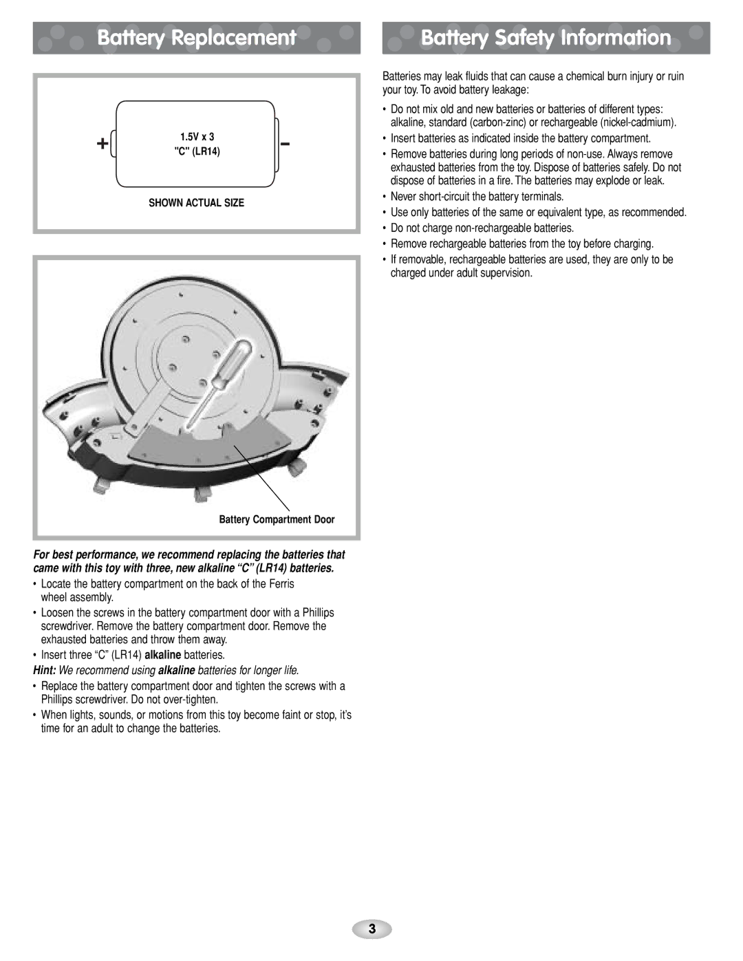 Fisher-Price C1454 instruction sheet Battery Replacement, Battery Safety Information 