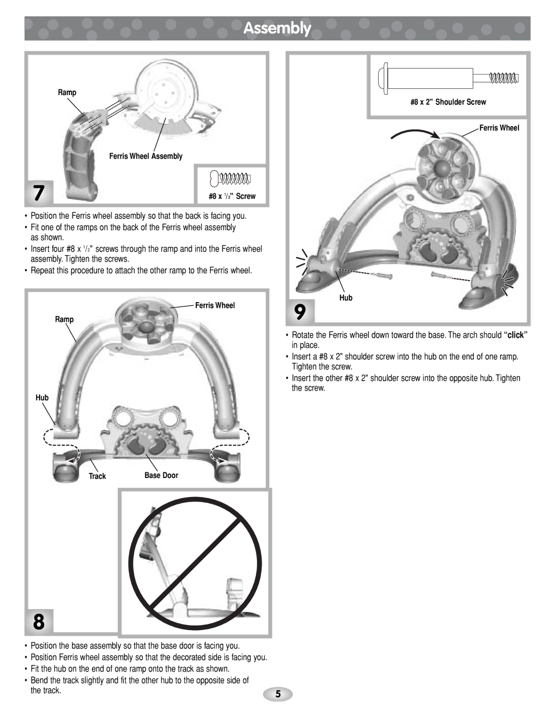 Fisher-Price C1454 instruction sheet Ramp Hub Track Base Door #8 x 2 Shoulder Screw Ferris Wheel 