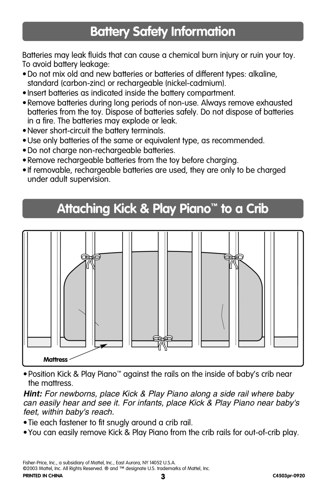 Fisher-Price C4504, C4503 instruction sheet Battery Safety Information, Attaching Kick & Play Piano to a Crib 