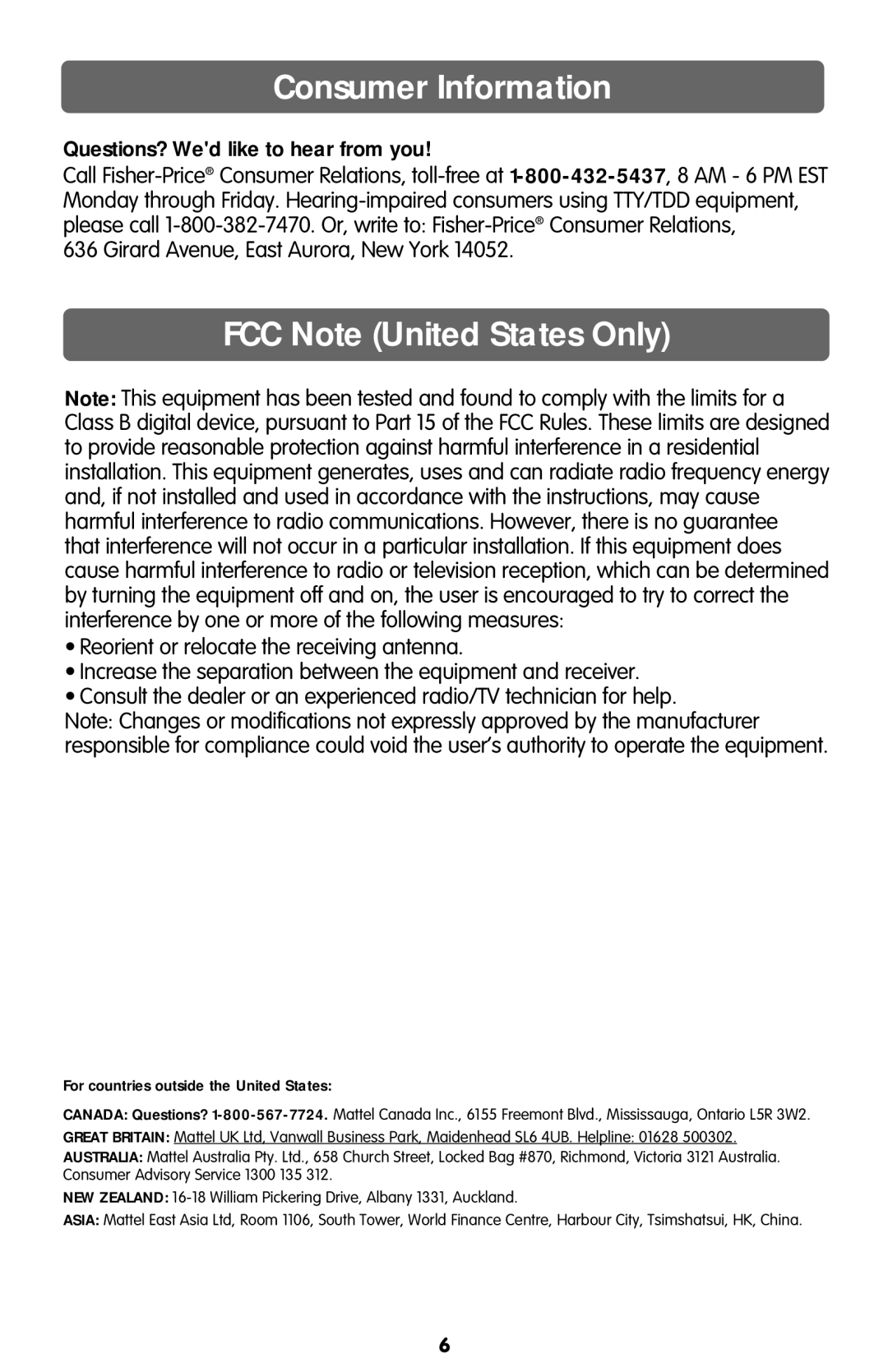 Fisher-Price C4503, C4504 Consumer Information, FCC Note United States Only, Questions? Wed like to hear from you 