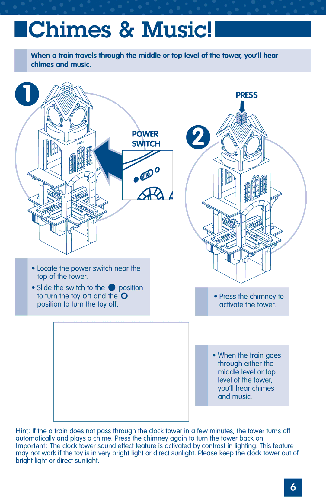 Fisher-Price C5218 manual Chimes & Music, Press, Power Switch, Locate the power switch near the top of the tower 