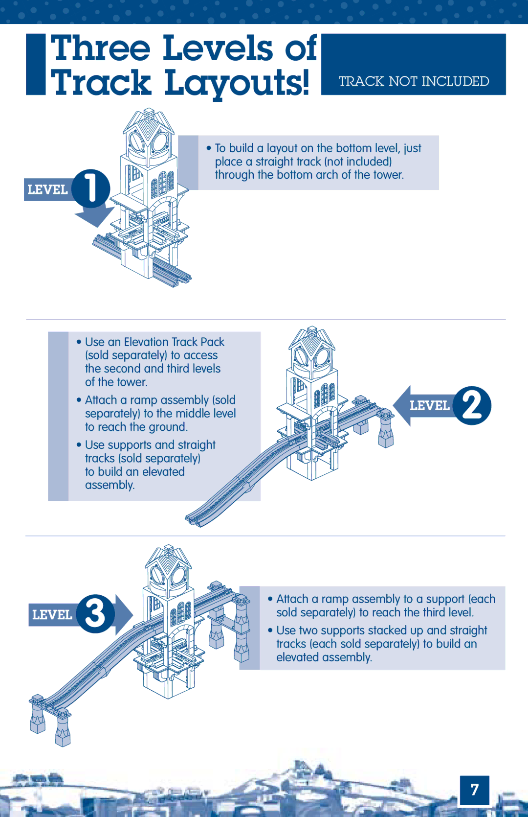 Fisher-Price C5218 manual Three Levels, Sold separately to reach the third level, Tracks each sold separately to build an 