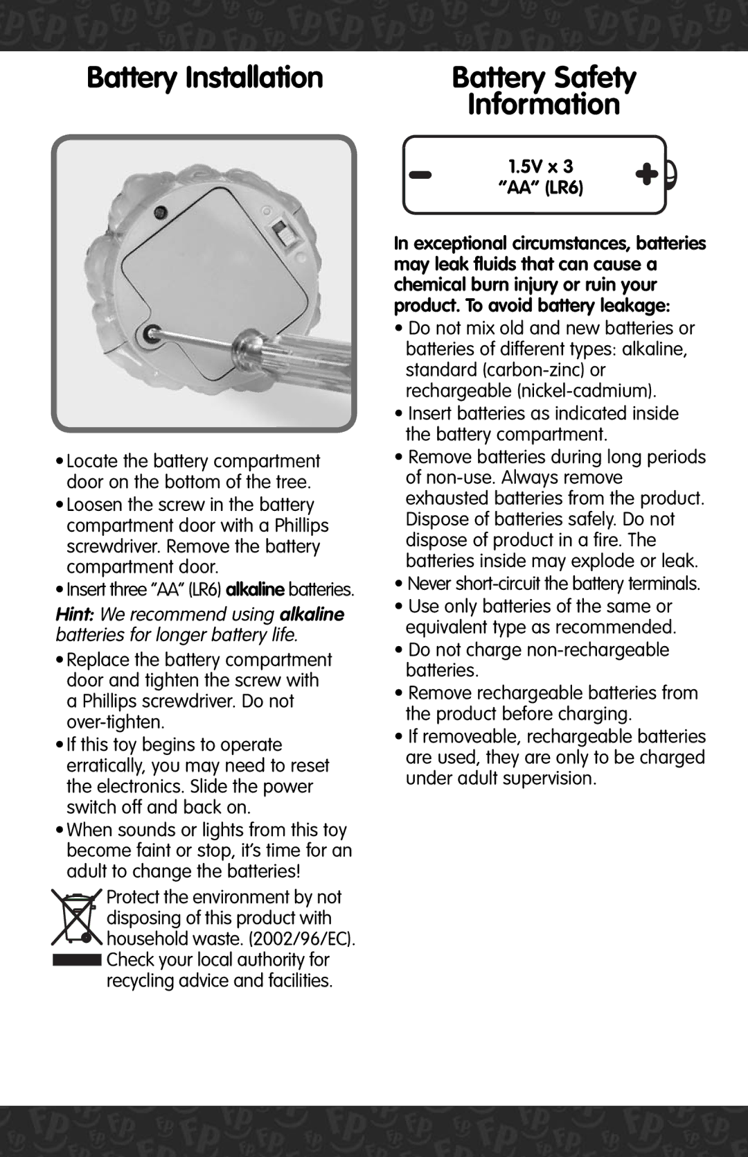 Fisher-Price C5220 instruction sheet Battery Installation, Battery Safety Information, 5V x AA LR6 