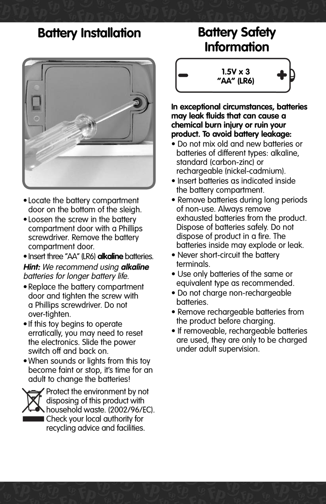 Fisher-Price C5221 instruction sheet Battery Installation, Battery Safety Information, 5V x AA LR6 