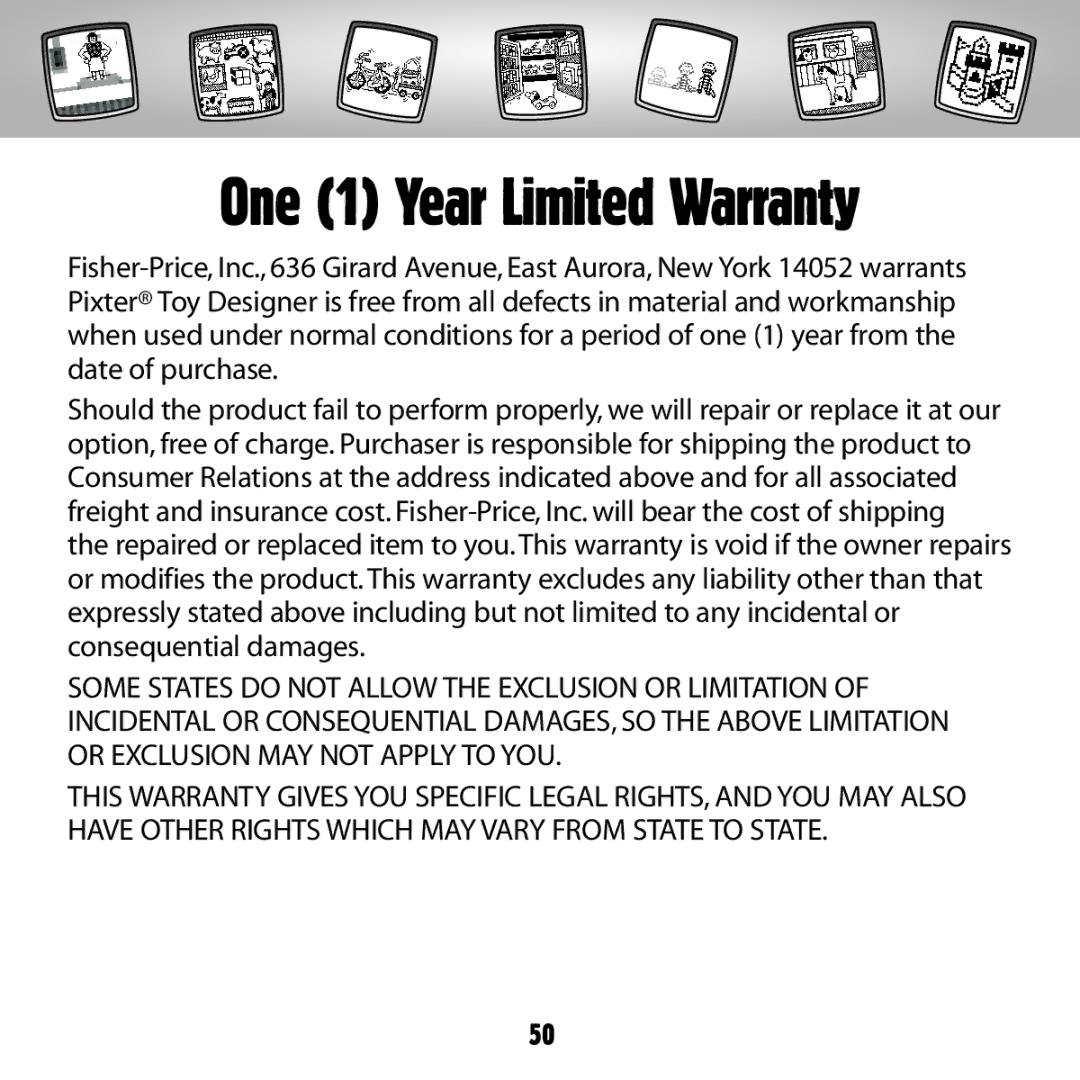 Fisher-Price C5347 owner manual One 1 Year Limited Warranty 