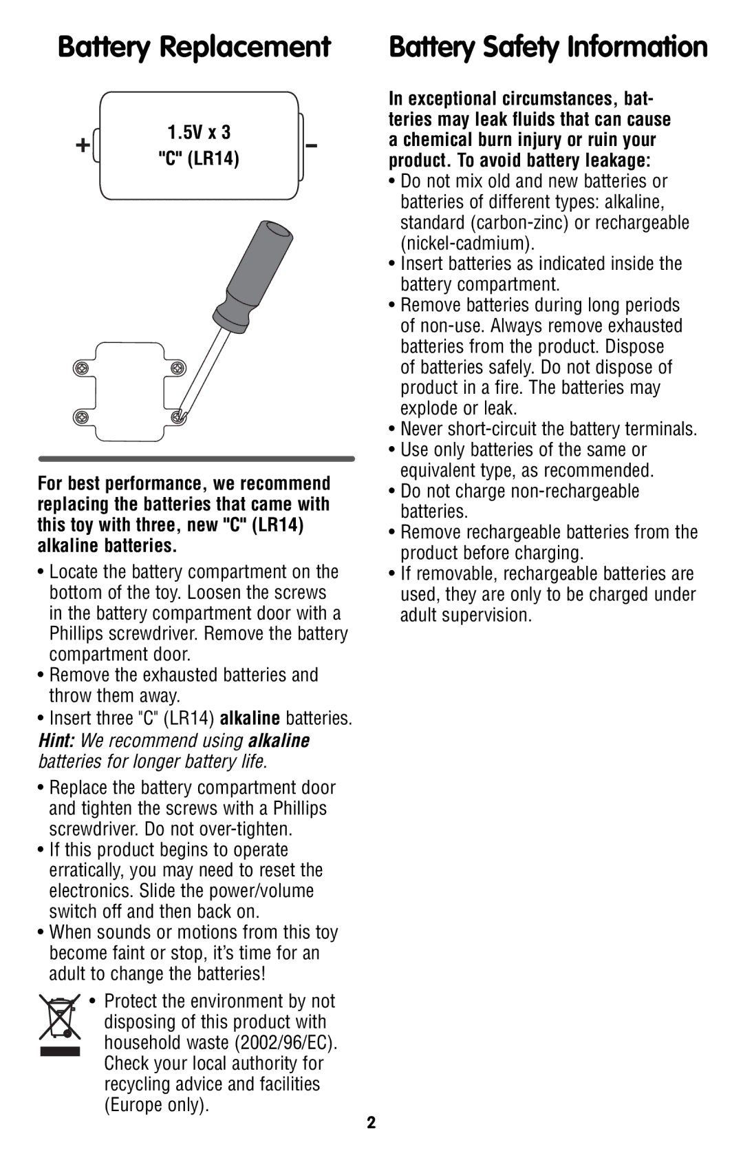 Fisher-Price C5523 instruction sheet Battery Replacement, 5V x LR14, Remove the exhausted batteries and throw them away 