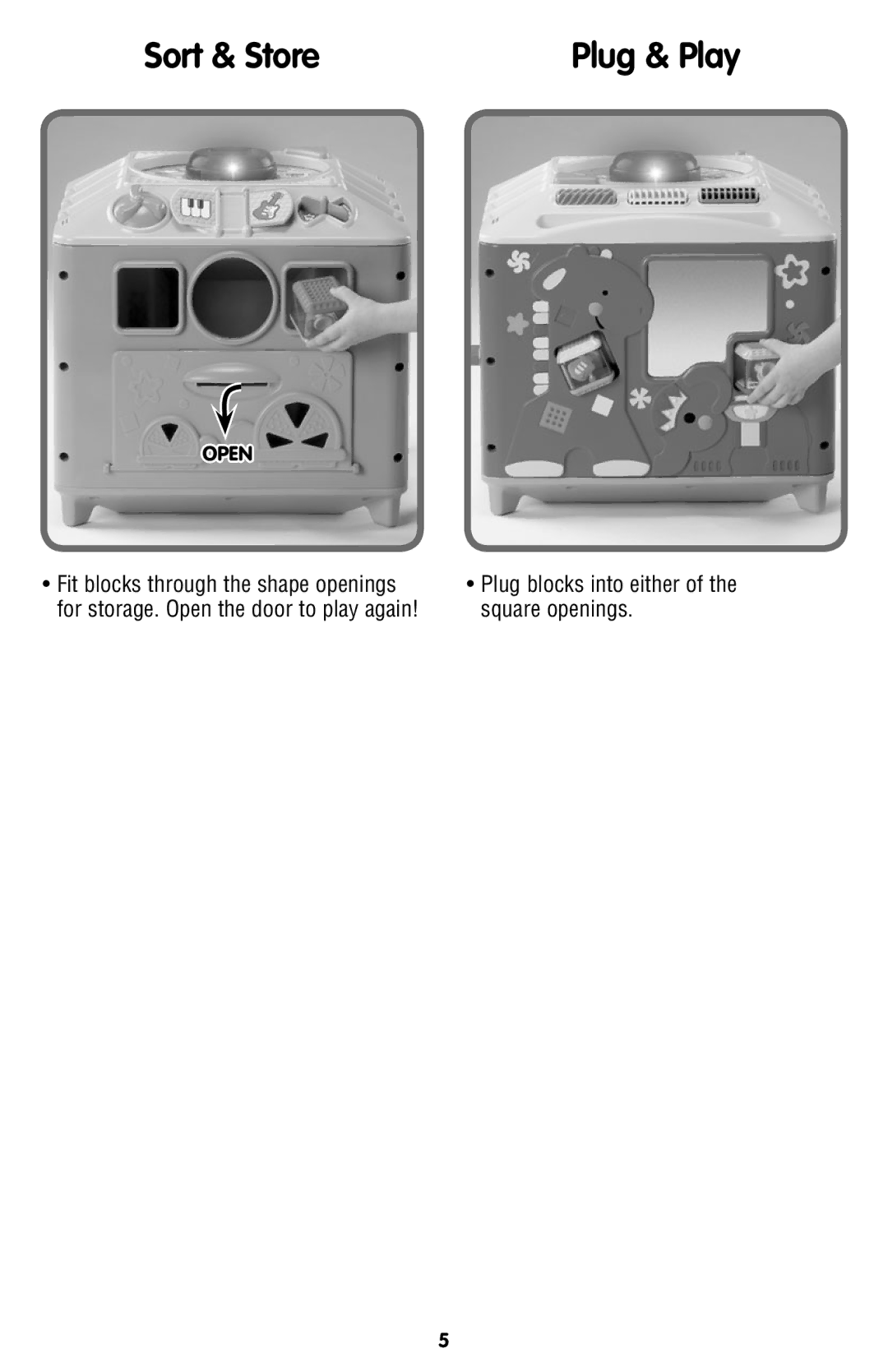 Fisher-Price C5523 instruction sheet Sort & Store, Plug & Play, Plug blocks into either of the square openings 