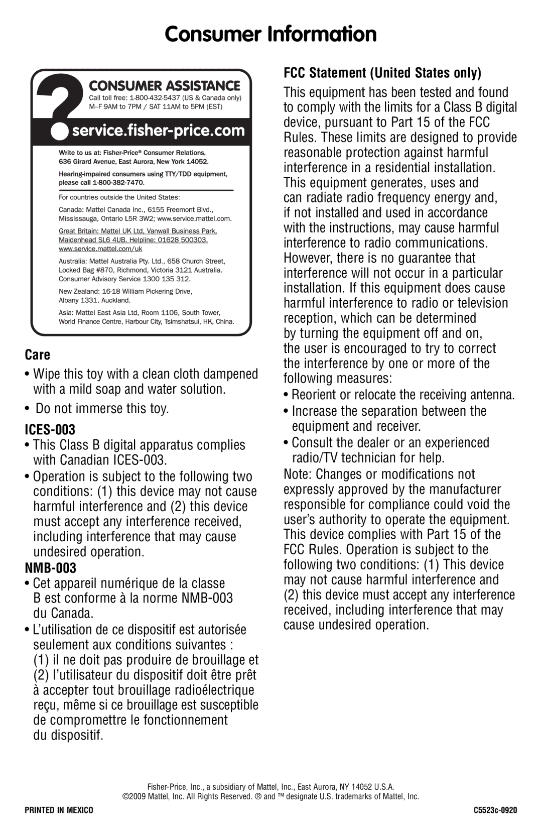 Fisher-Price C5523 instruction sheet Consumer Information, Care, ICES-003, NMB-003, FCC Statement United States only 