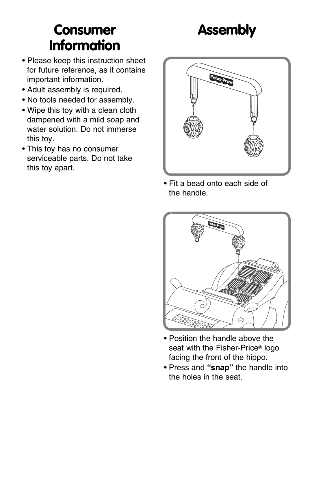 Fisher-Price C5843 manual Consumer Information, Assembly 