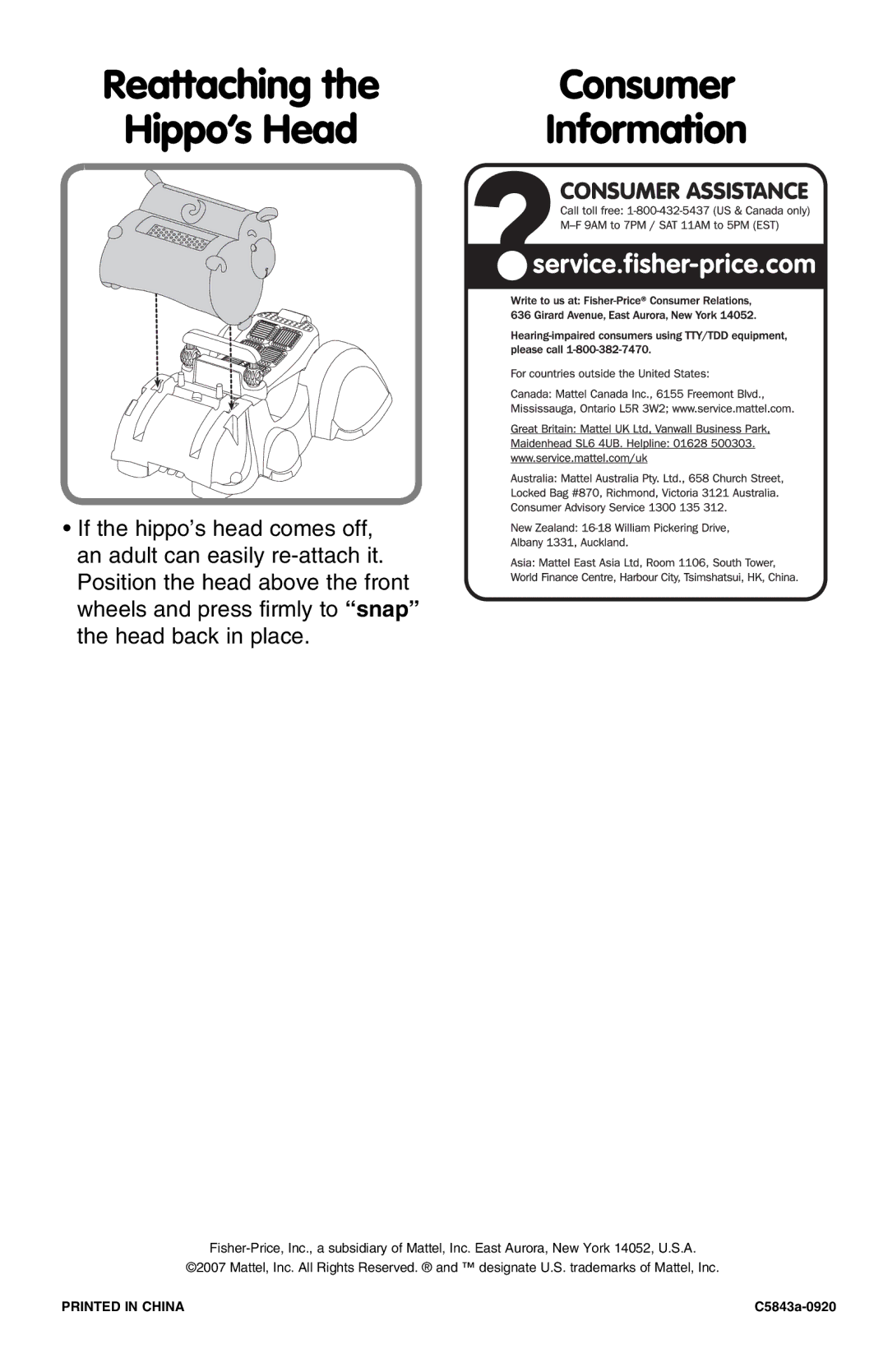 Fisher-Price C5843 manual Consumer, Hippo’s Head Information 