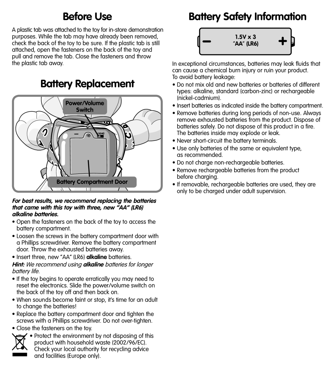 Fisher-Price C6325 instruction sheet Before Use, Battery Replacement, Battery Safety Information, 5V x AA LR6 