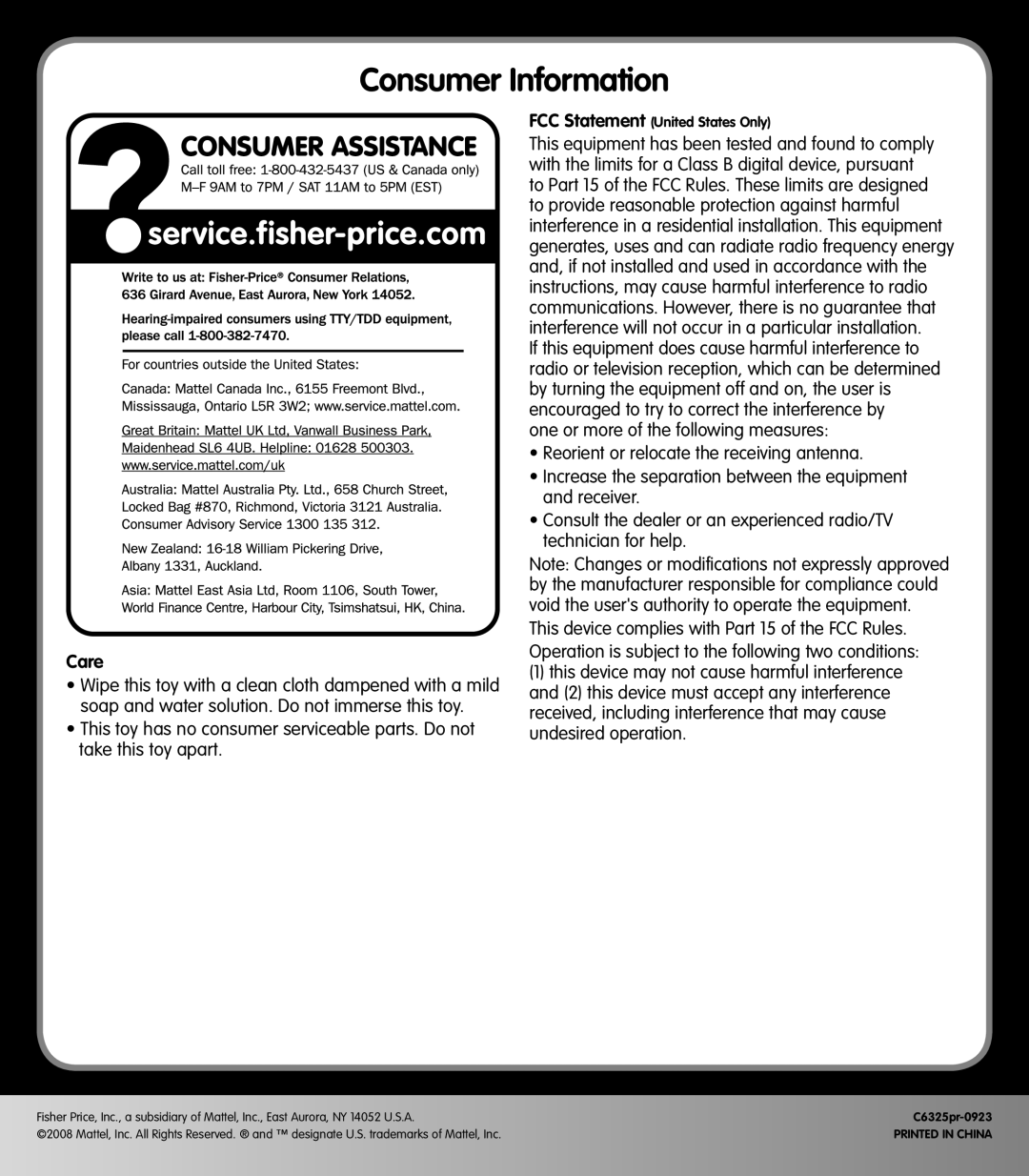 Fisher-Price C6325 instruction sheet Consumer Information, Care 