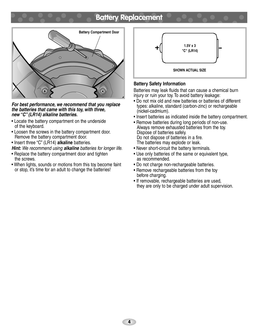 Fisher-Price C6326 Battery Replacement, Insert three C LR14 alkaline batteries, Battery Safety Information 