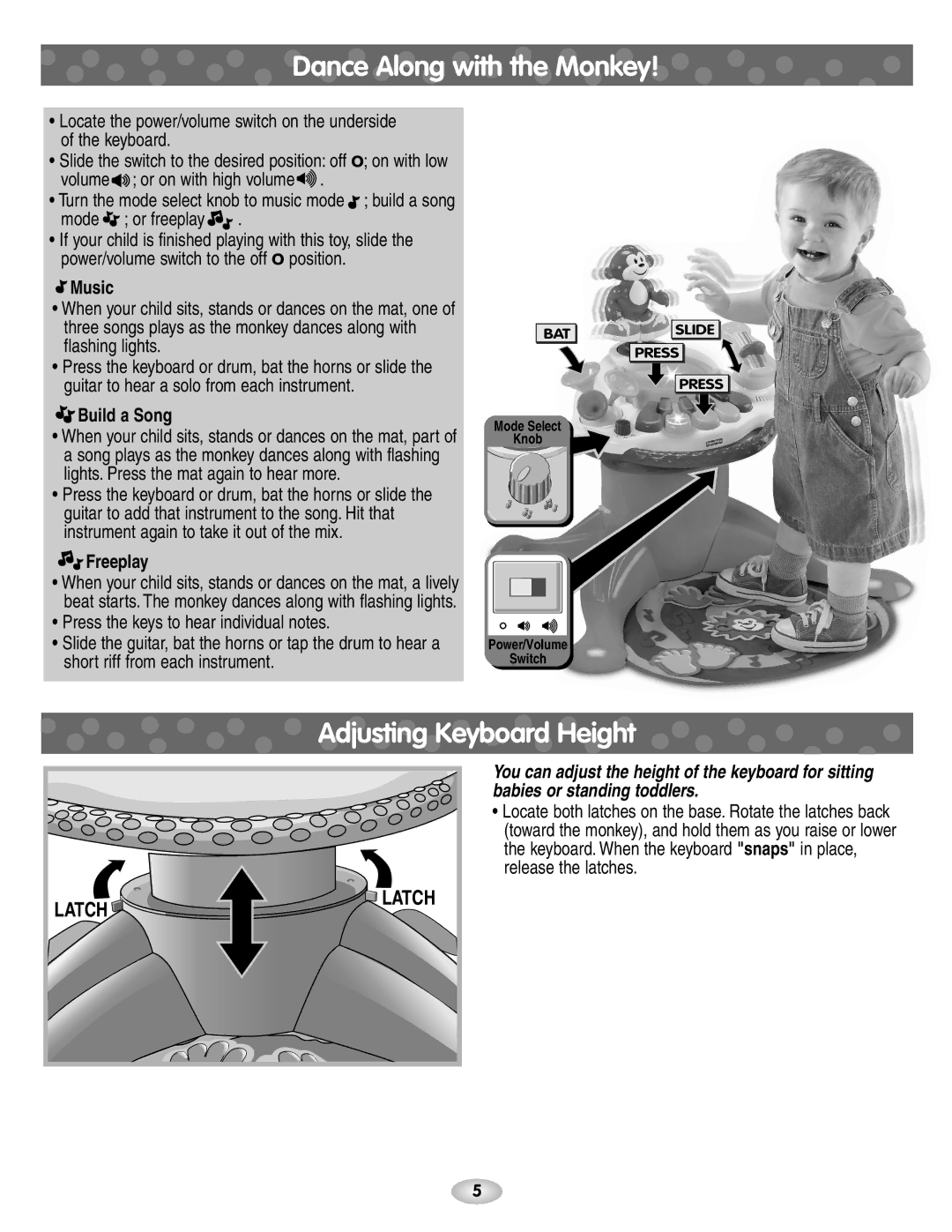 Fisher-Price C6326 instruction sheet Dance Along with the Monkey, Adjusting Keyboard Height, Music, Build a Song, Freeplay 