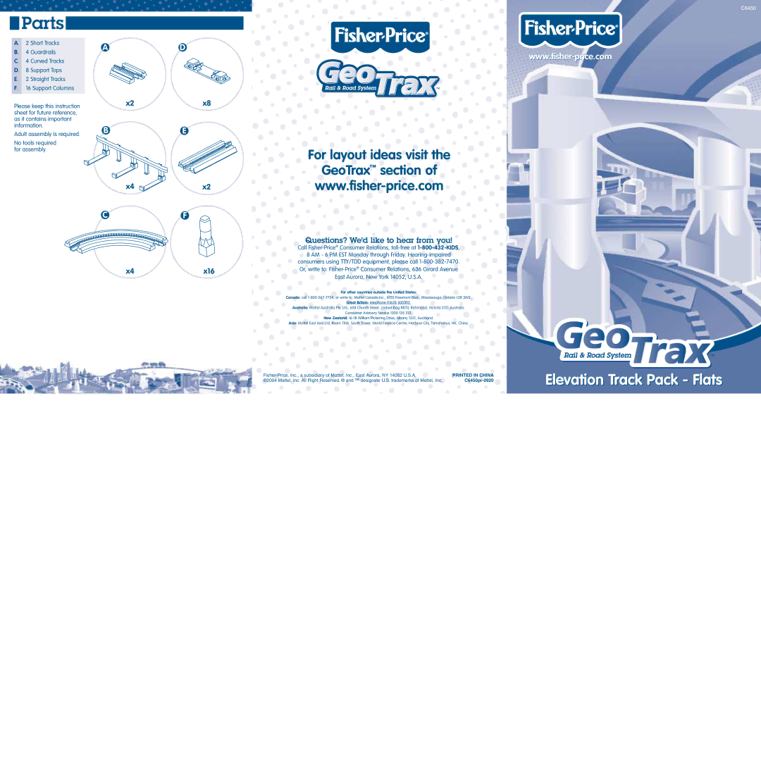 Fisher-Price C6450 instruction sheet Parts, For layout ideas visit GeoTrax section, Questions? Wed like to hear from you 