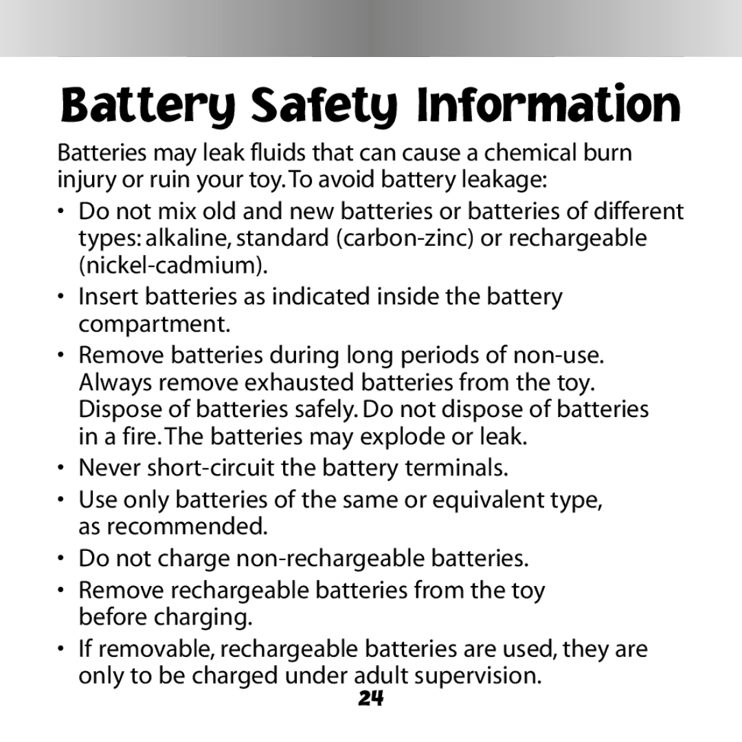 Fisher-Price C6503 owner manual Battery Safety Information 