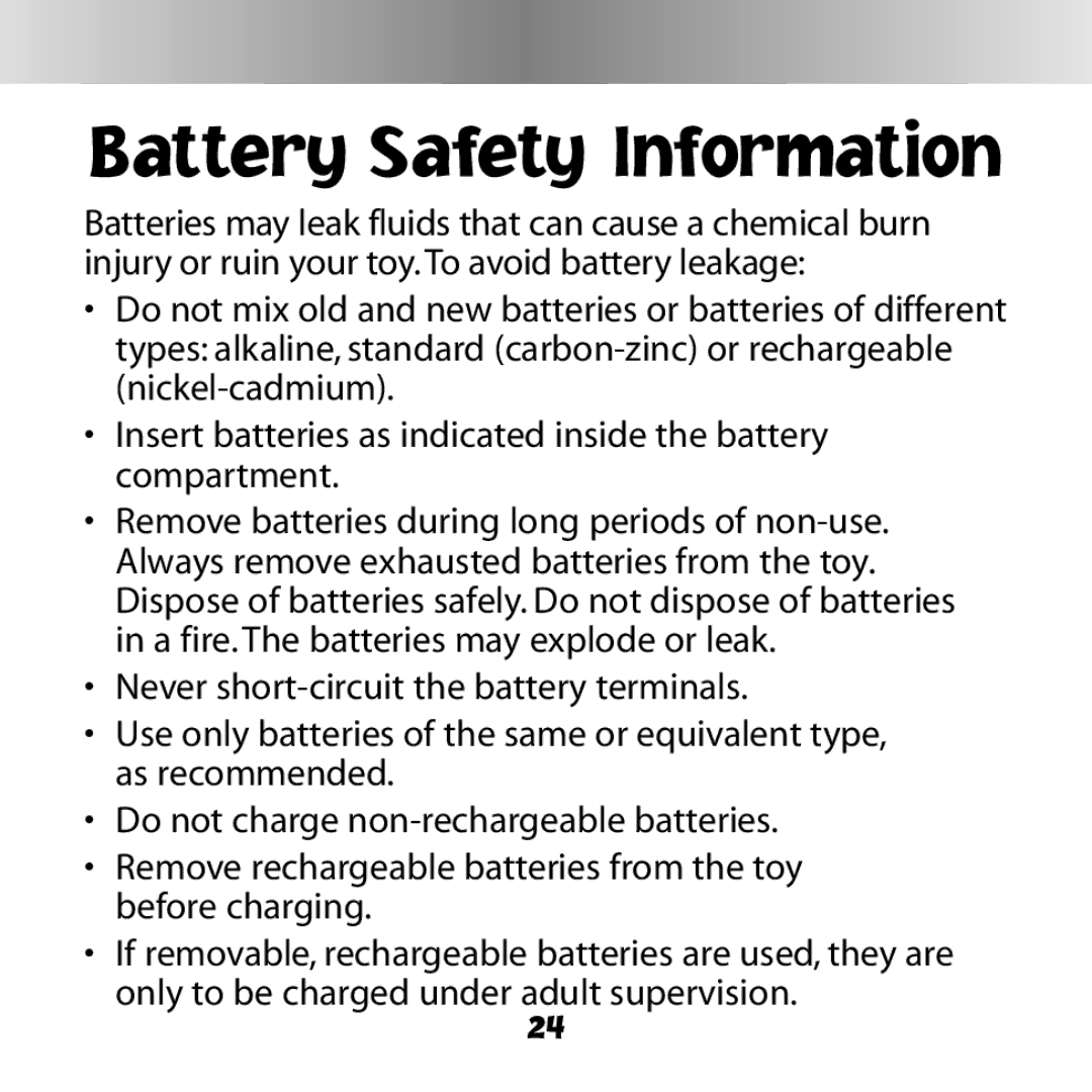 Fisher-Price C6506 owner manual Battery Safety Information 