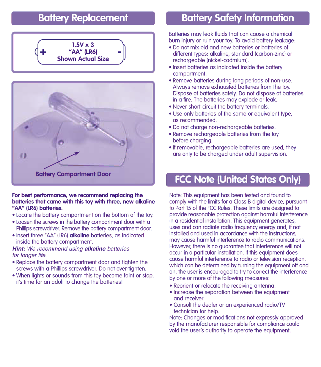 Fisher-Price C6513 instruction sheet Battery Replacement, Battery Safety Information, FCC Note United States Only 