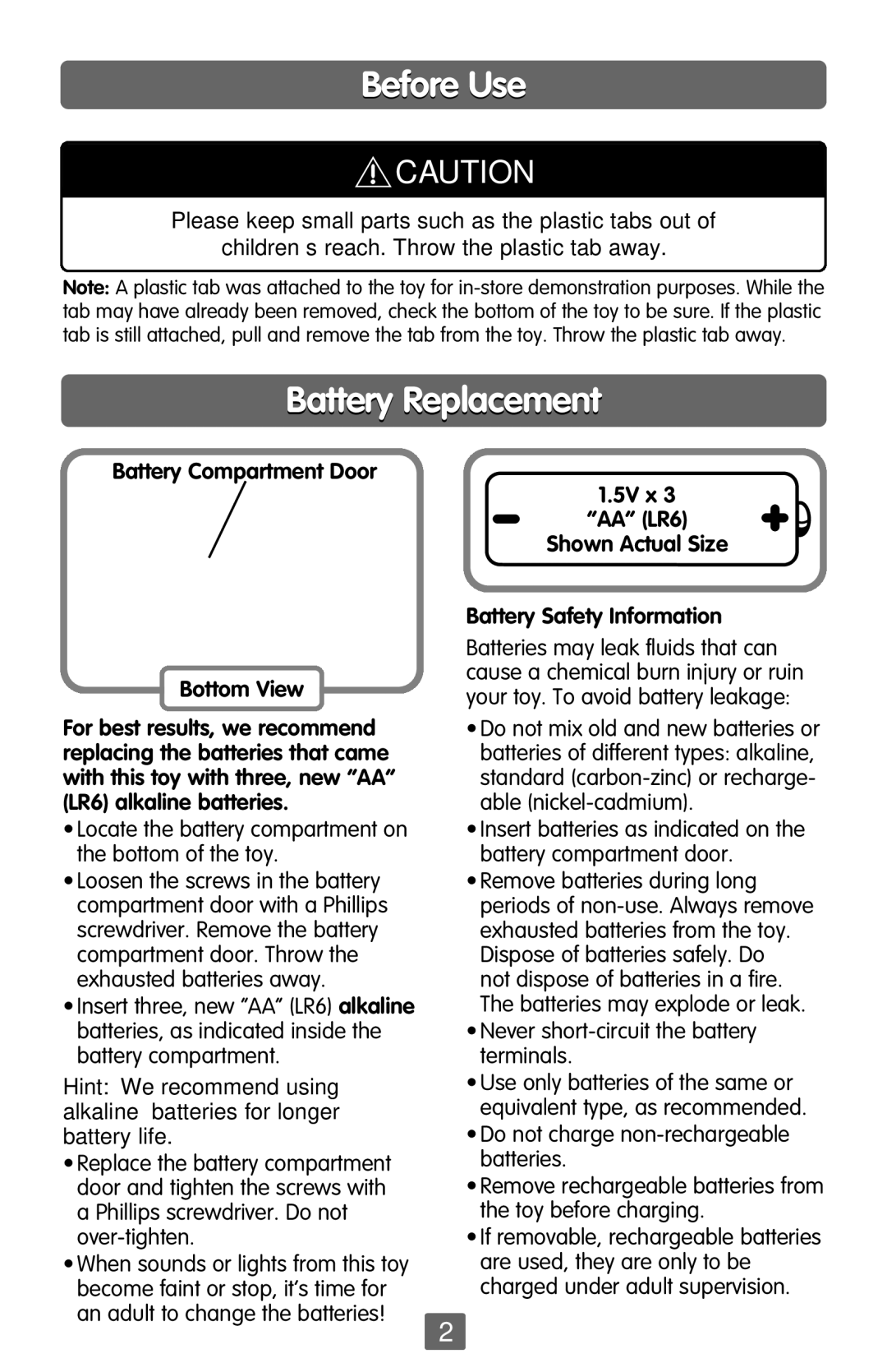 Fisher-Price C7324 instruction sheet Before Use, Battery Replacement, Battery Compartment Door Bottom View 