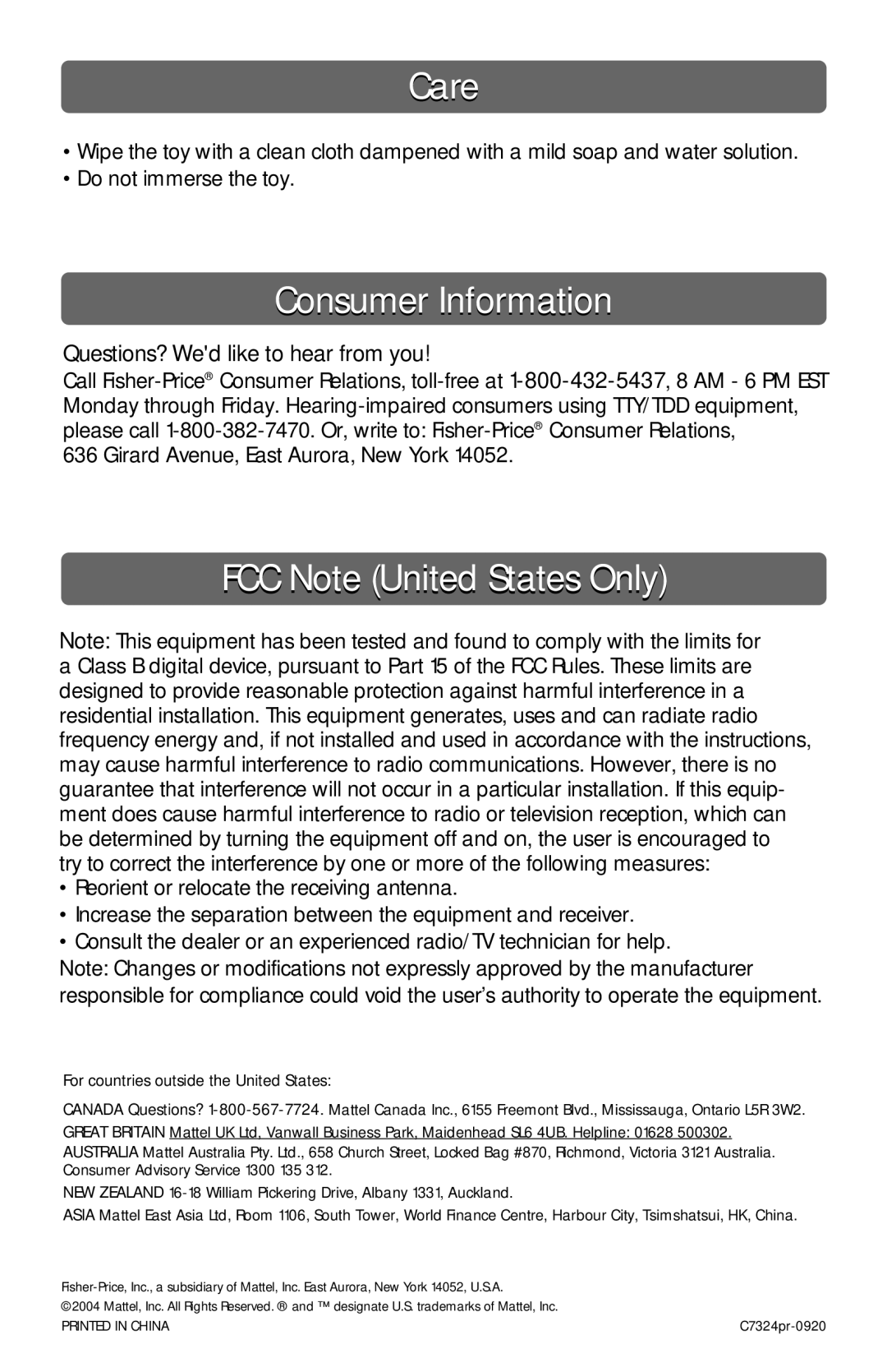 Fisher-Price C7324 Care, Consumer Information, FCC Note United States Only, Questions? Wed like to hear from you 