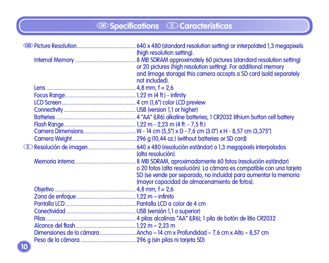 Fisher-Price Camera manual Specifications ECaracterísticas, High resolution setting 