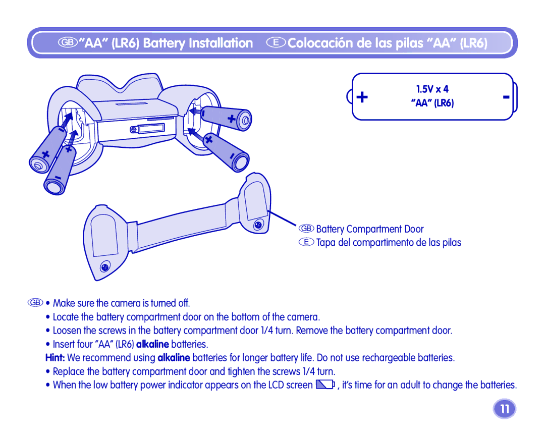 Fisher-Price Camera manual GAA LR6 Battery Installation EColocación de las pilas AA LR6 