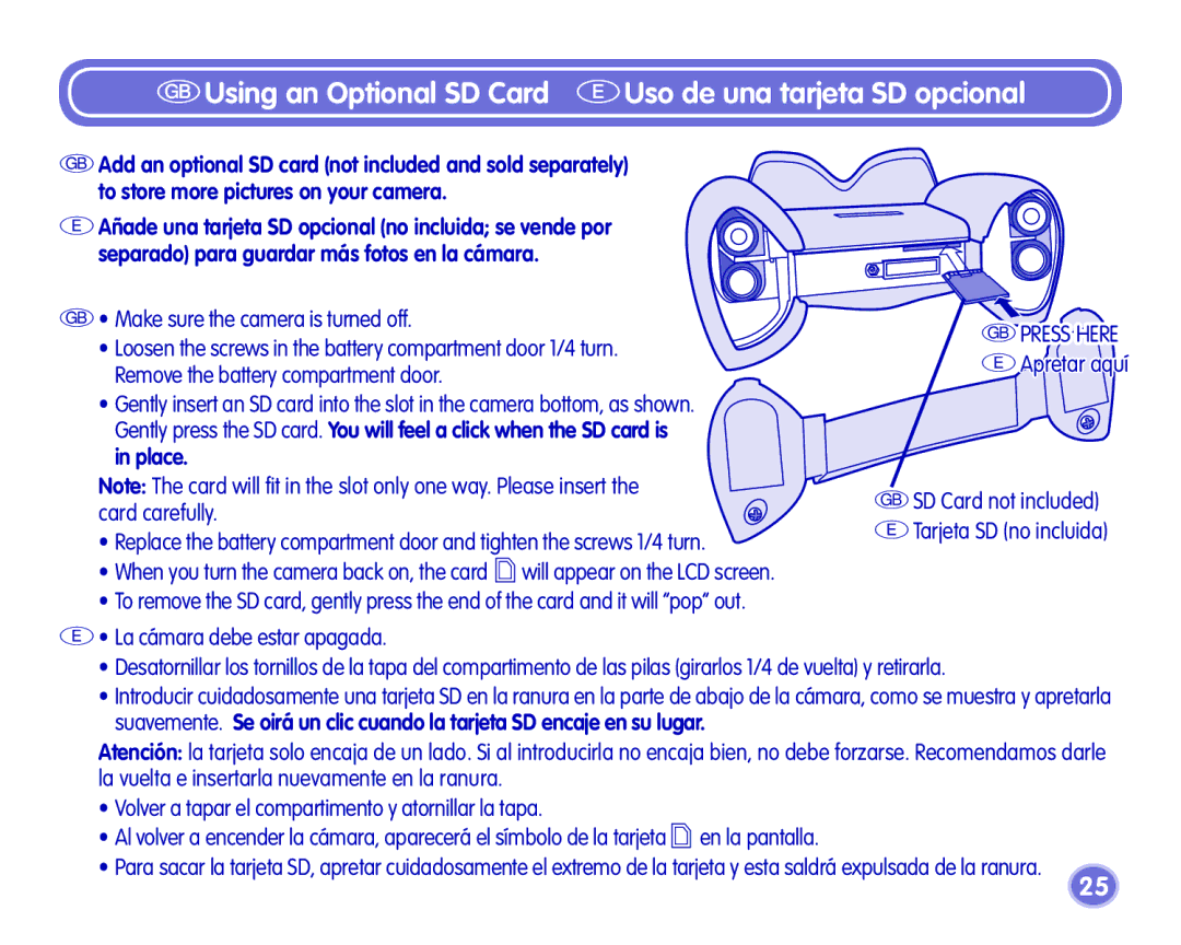 Fisher-Price Camera manual Using an Optional SD Card EUso de una tarjeta SD opcional 