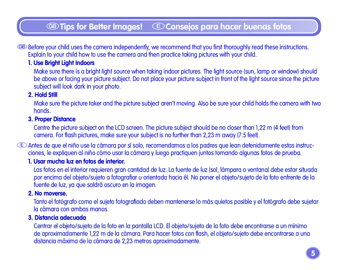 Fisher-Price Camera manual Tips for Better Images! EConsejos para hacer buenas fotos, Use Bright Light Indoors 