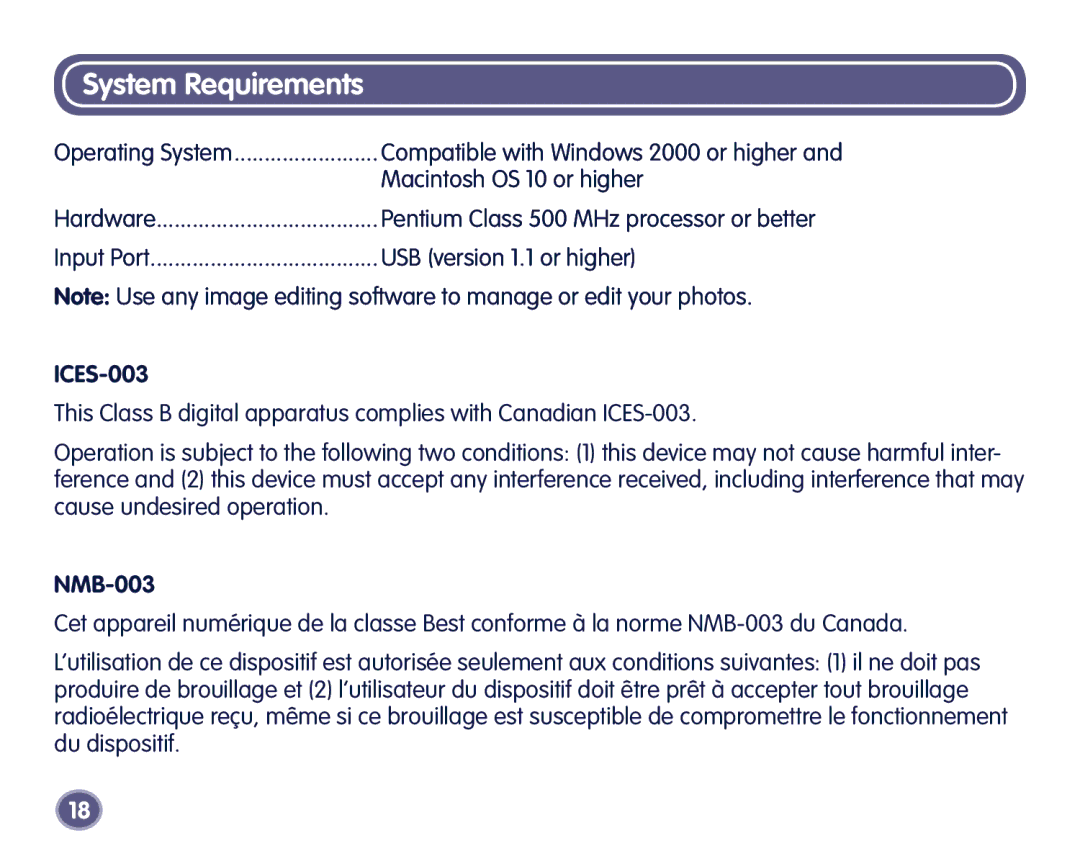 Fisher-Price Digital Camera manual System Requirements, ICES-003 