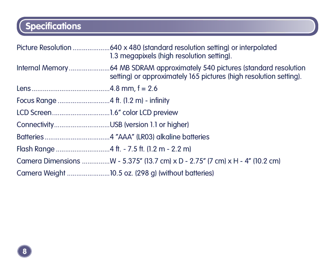 Fisher-Price Digital Camera manual Speciﬁcations, Megapixels high resolution setting 