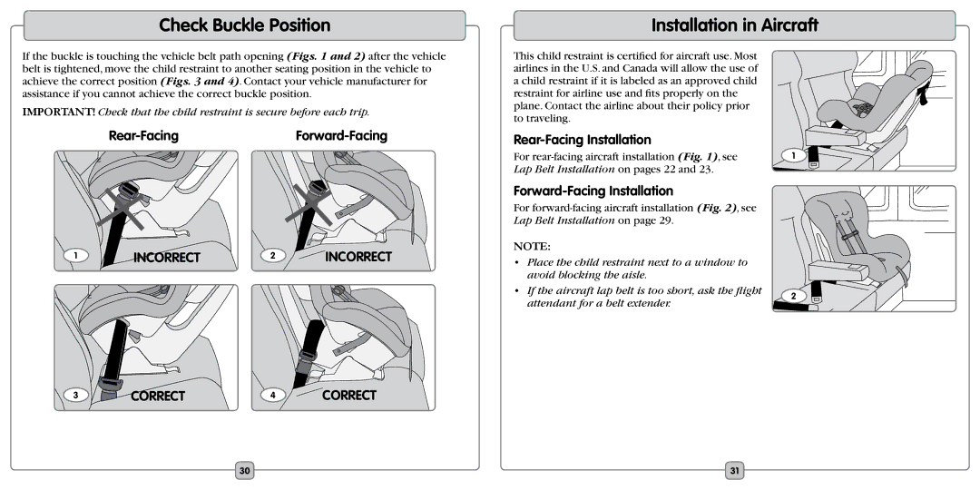 Fisher-Price EF20B Check Buckle Position, Installation in Aircraft, Rear-FacingForward-Facing, Rear-Facing Installation 