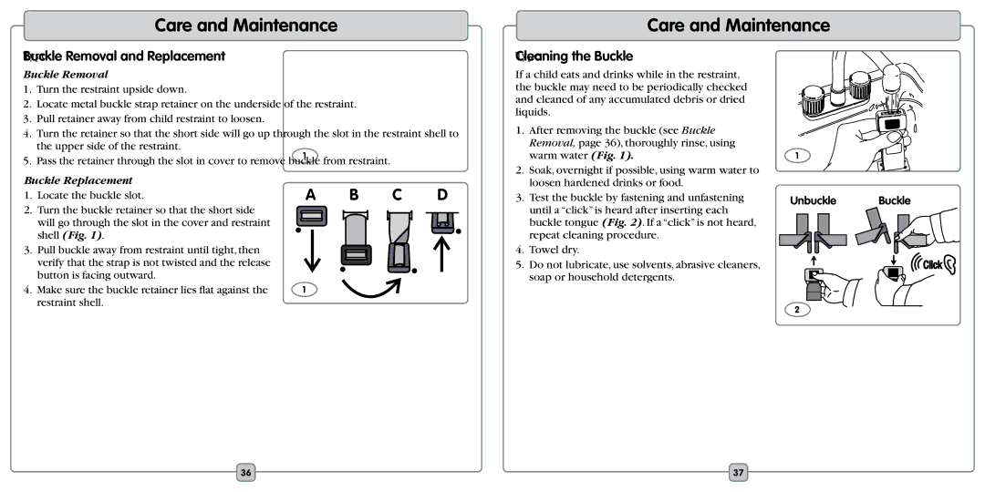Fisher-Price EF20B manual BuckleType Removal and Replacement, CleaningType the Buckle 