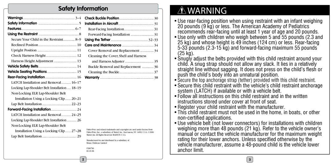 Fisher-Price EF20B manual Safety Information, Features 