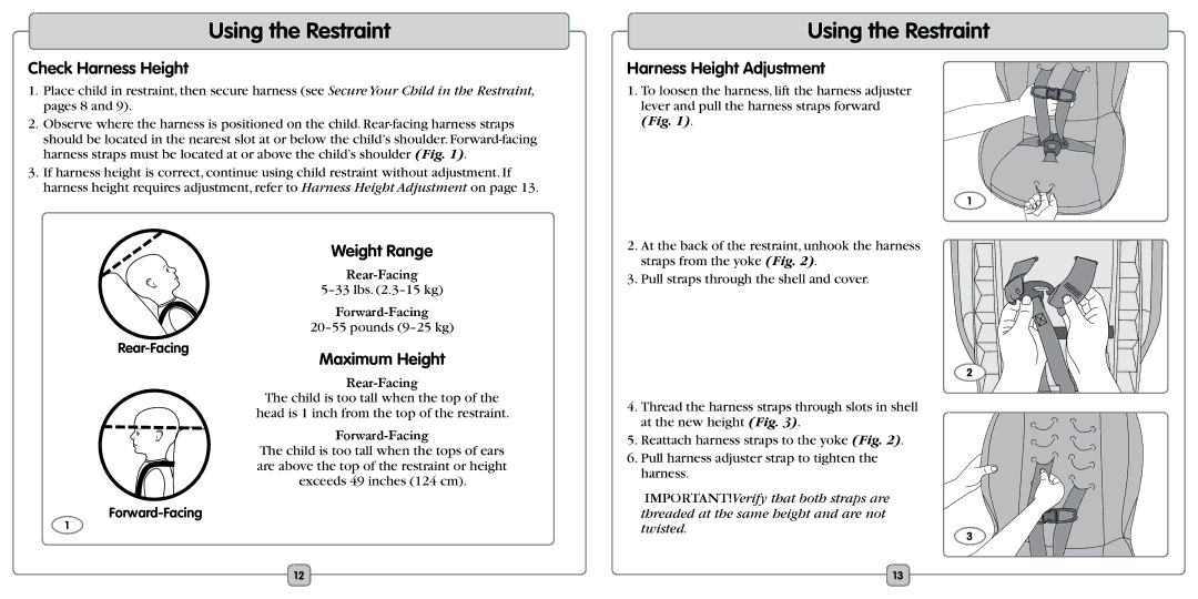 Fisher-Price EF20B manual Check Harness Height, Harness Height Adjustment, Weight Range, Maximum Height 