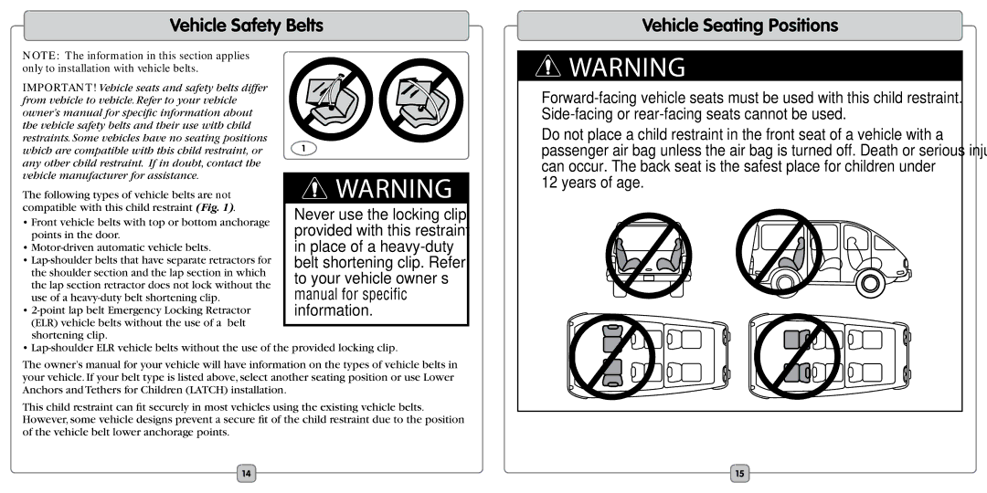 Fisher-Price EF20B manual Vehicle Safety Belts, Vehicle Seating Positions 