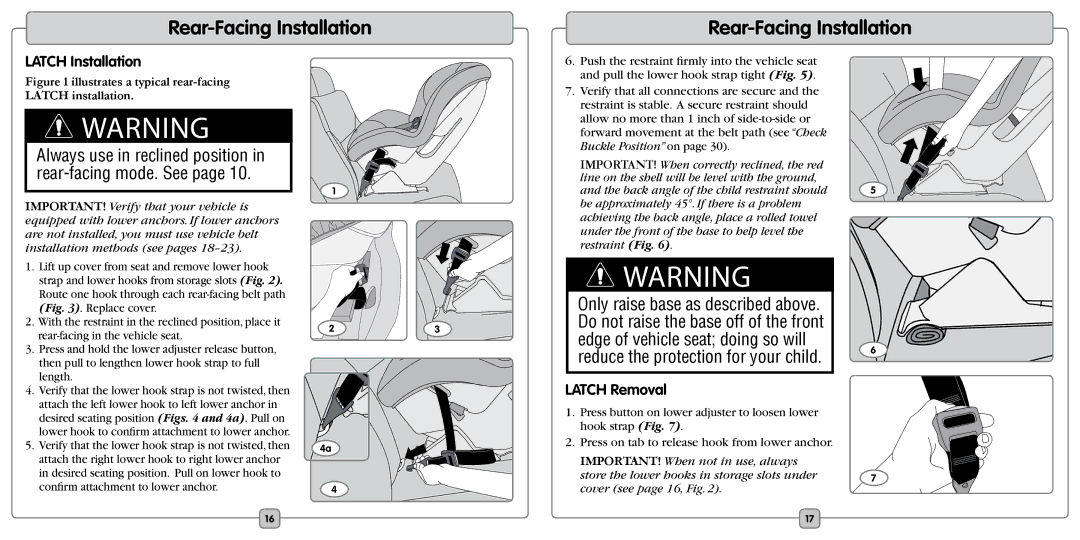 Fisher-Price EF20B manual Rear-Facing Installation, Latch Installation, Latch Removal 