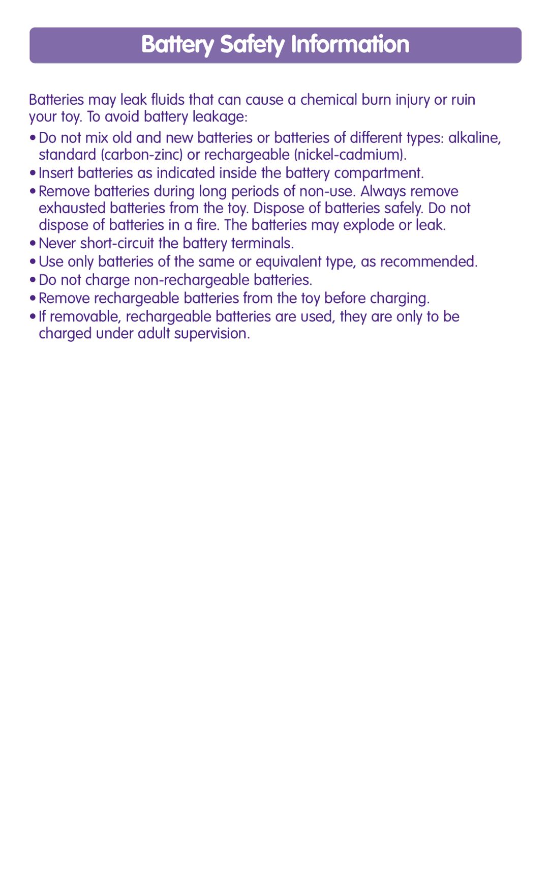 Fisher-Price G2808 instruction sheet Battery Safety Information 