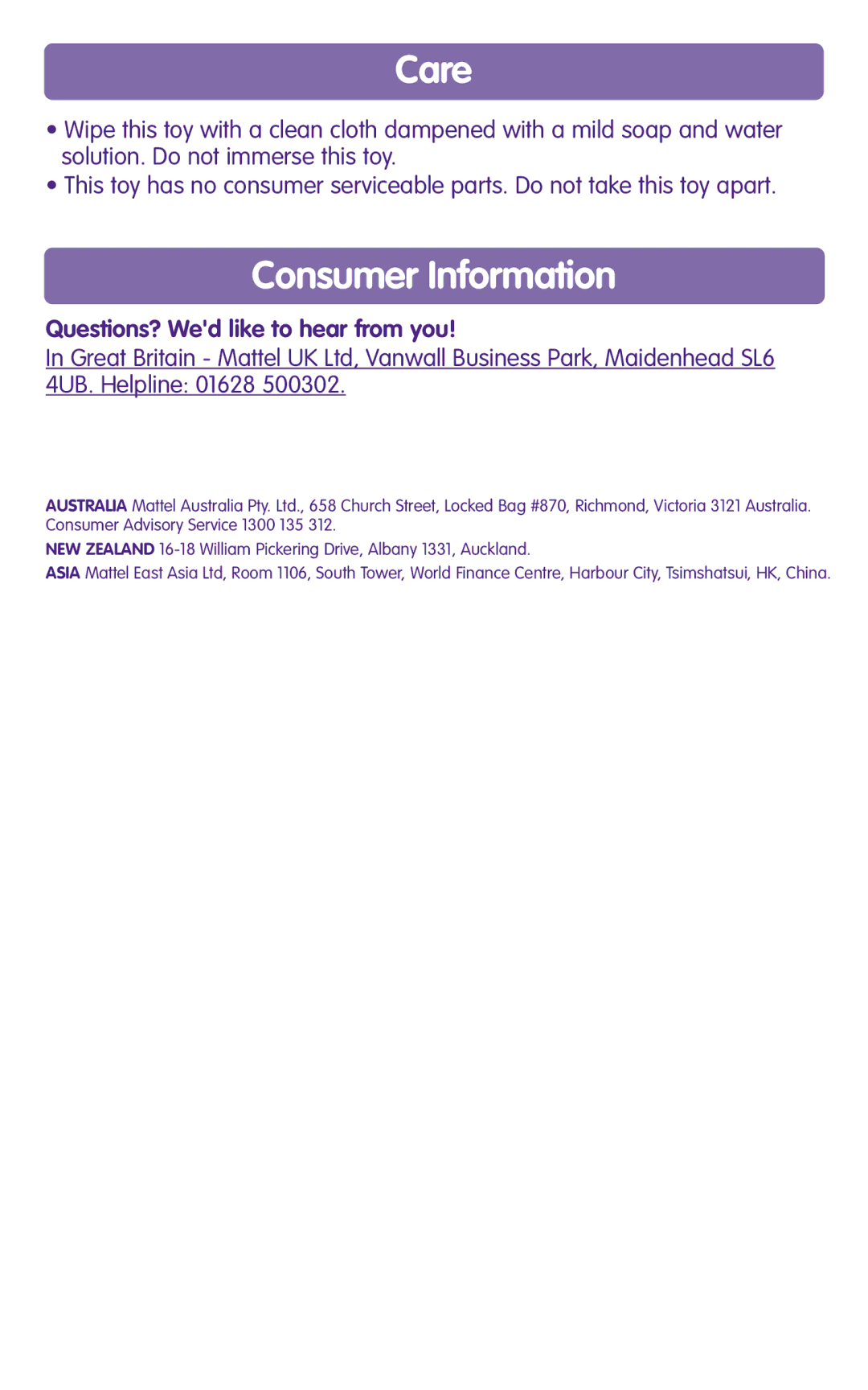 Fisher-Price G2808 instruction sheet Care, Consumer Information, Questions? Wed like to hear from you 