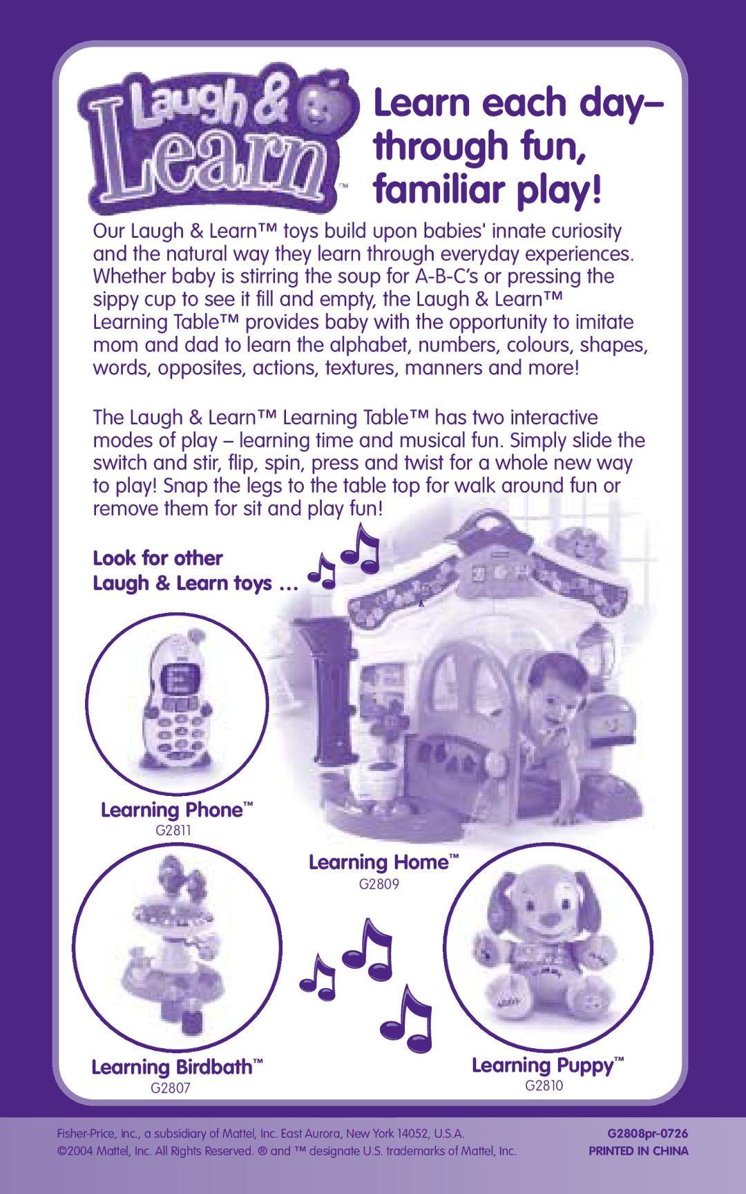 Fisher-Price G2808 instruction sheet Look for other Laugh & Learn toys … Learning Phone, Learning Home, Learning Birdbath 