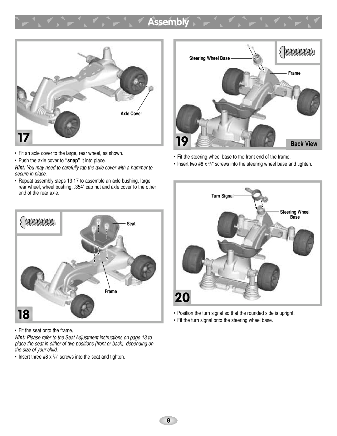 Fisher-Price G4815 instruction sheet Fit the steering wheel base to the front end of the frame 