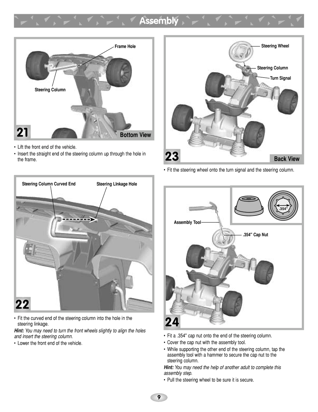 Fisher-Price G4815 instruction sheet Insert the steering column, Pull the steering wheel to be sure it is secure 